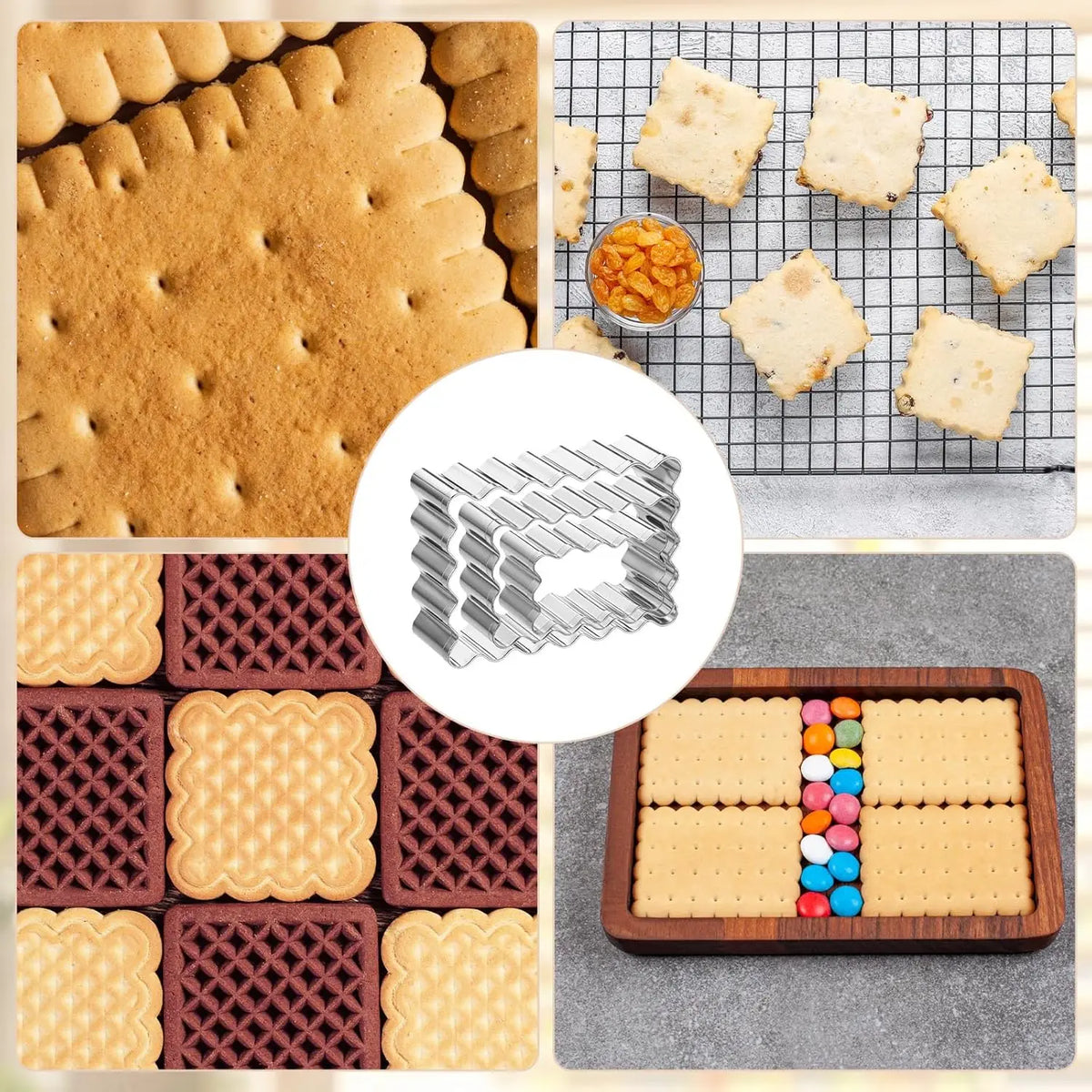 6PCS Cookie Cutter Set USA Food-Grade Stainless Steel Scalloped Square & Rectangle Shapes, Sandwich & Fondant Molds for Home Baking