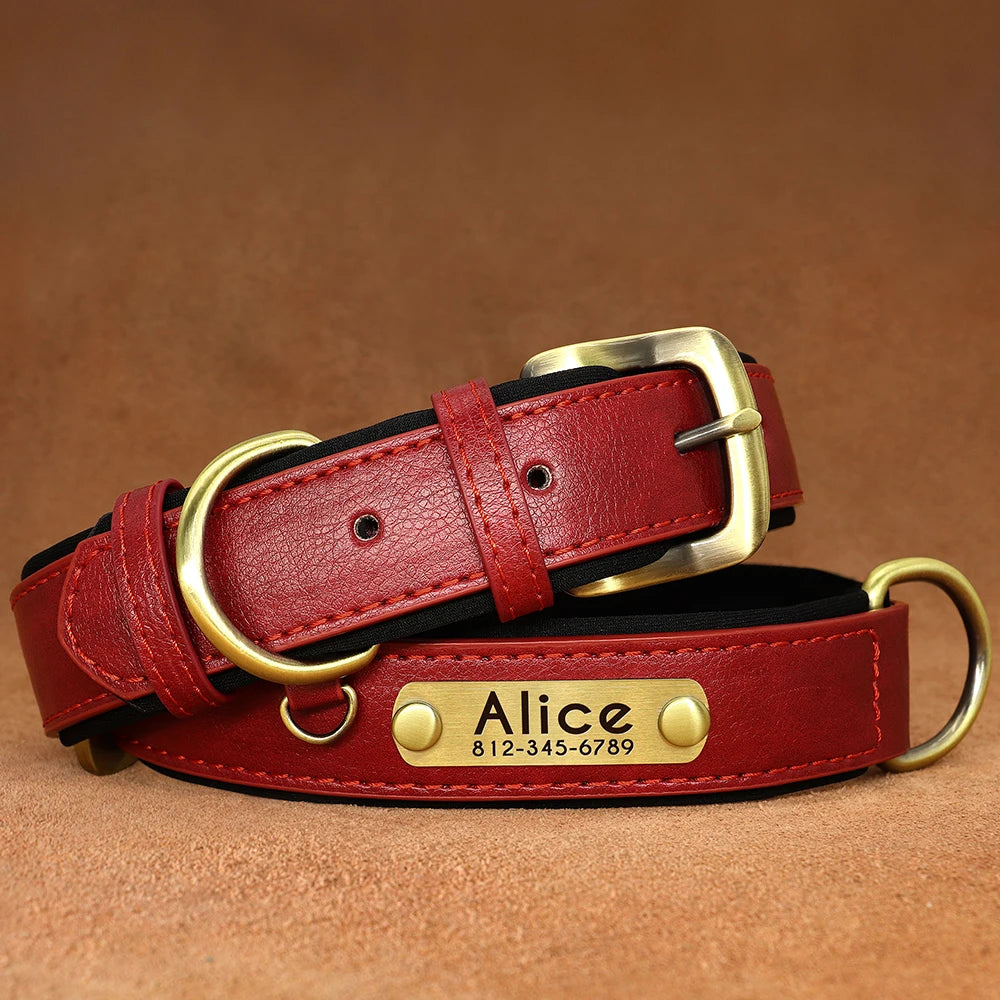 Customized PU Leather Nameplate Dog Collar Soft Padded Dogs Collars Free Engraving Name for Small Medium Large Dogs Adjustable