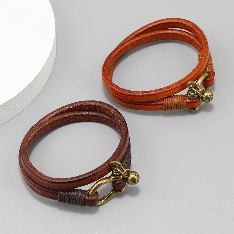 New Arrivals Retro Two-Loop Leather Bracelet USA Men Punk Horseshoe Buckle Wrap Bracelet Creative Jewelry Gift