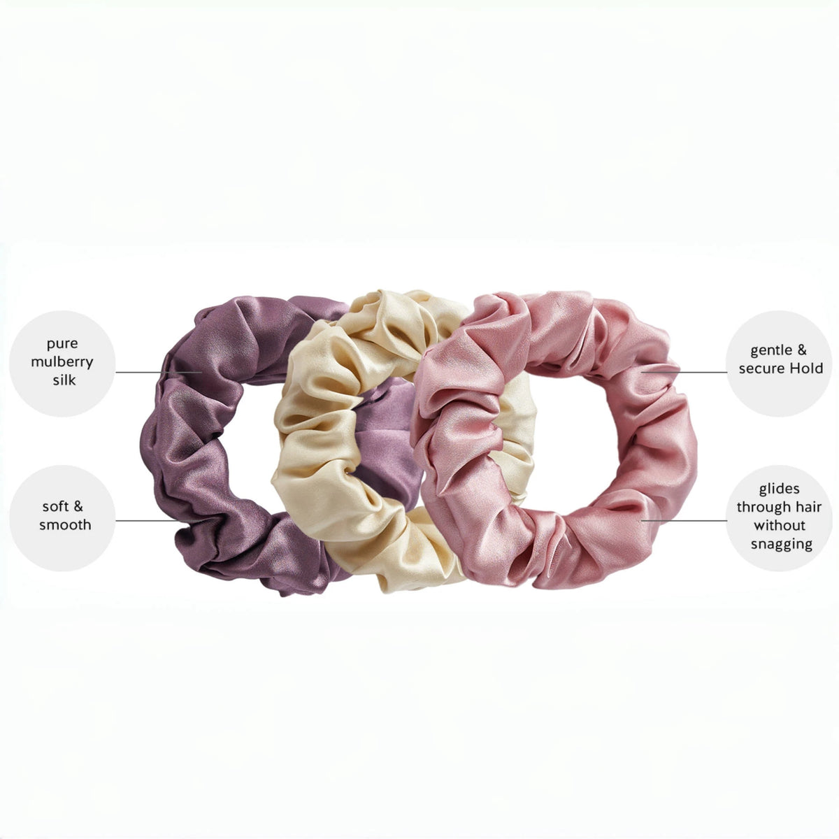 3PCS 100% Pure Silk Hair Scrunchies Set USA 22 Momme High-Quality Hair Bands in 1cm/2cm/3cm Widths