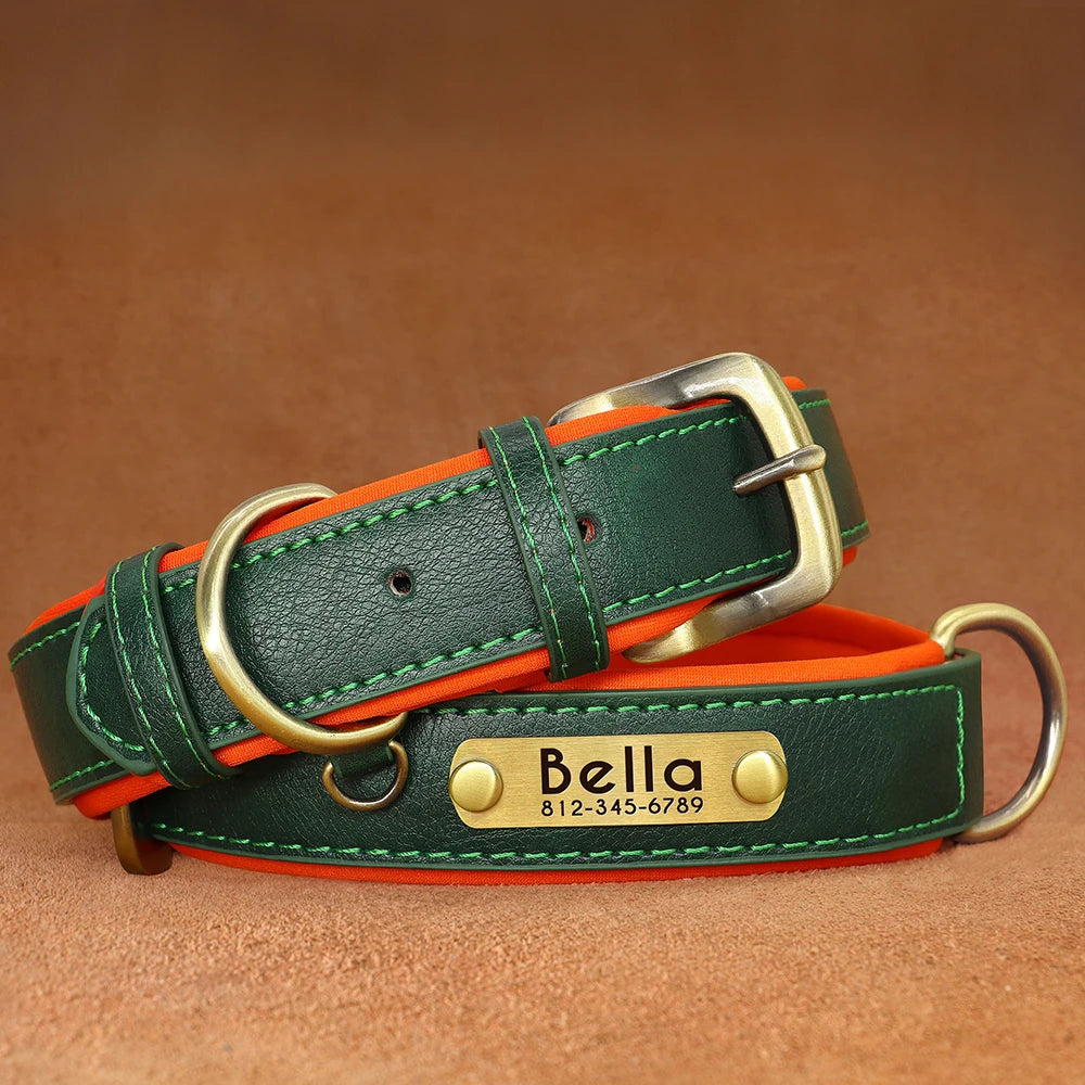 Customized PU Leather Nameplate Dog Collar Soft Padded Dogs Collars Free Engraving Name for Small Medium Large Dogs Adjustable