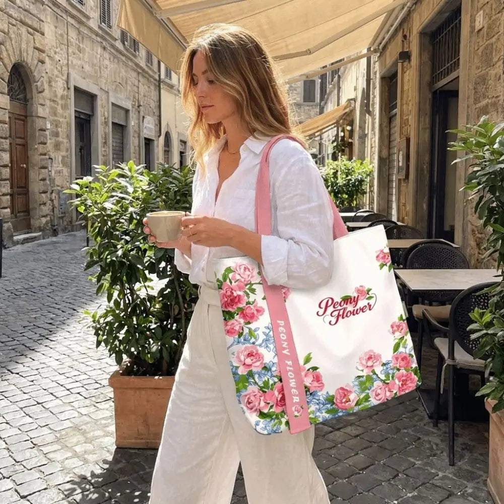 Portable Floral Canvas Tote Bag USA Reusable Lightweight Large-Capacity Shopping & Commute Handbag for Work