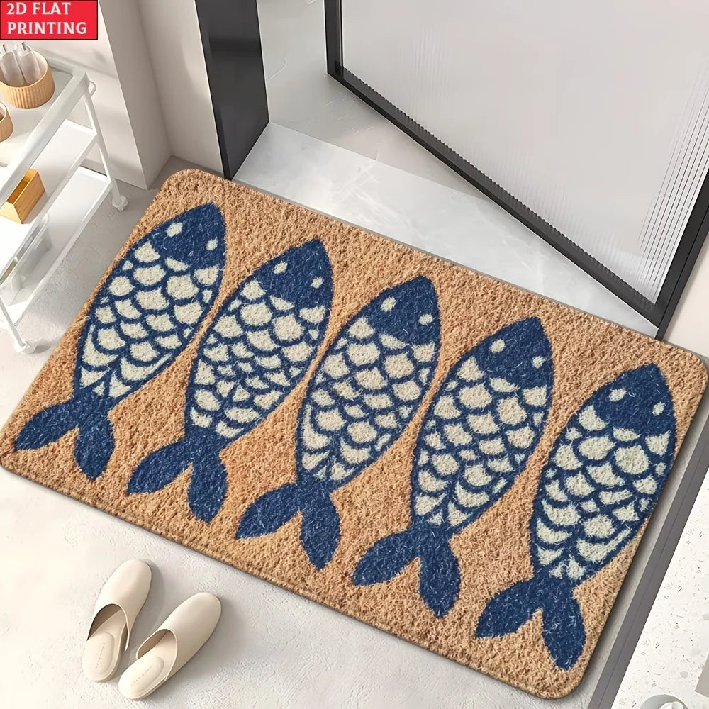 Doormat Featuring a Design of Five Blue Fish Anti-Slip for Bathrooms Machine Washable Polyester, And Ideal for Entrances in Bedr
