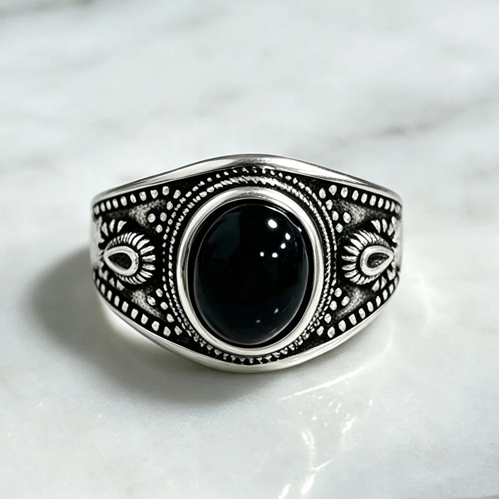 USA Sterling Silver 925 Vintage Rings Oval 8X10mm Rings Black Onyx Natural Fine Jewelry For Men Women Rhodochrosite Rings