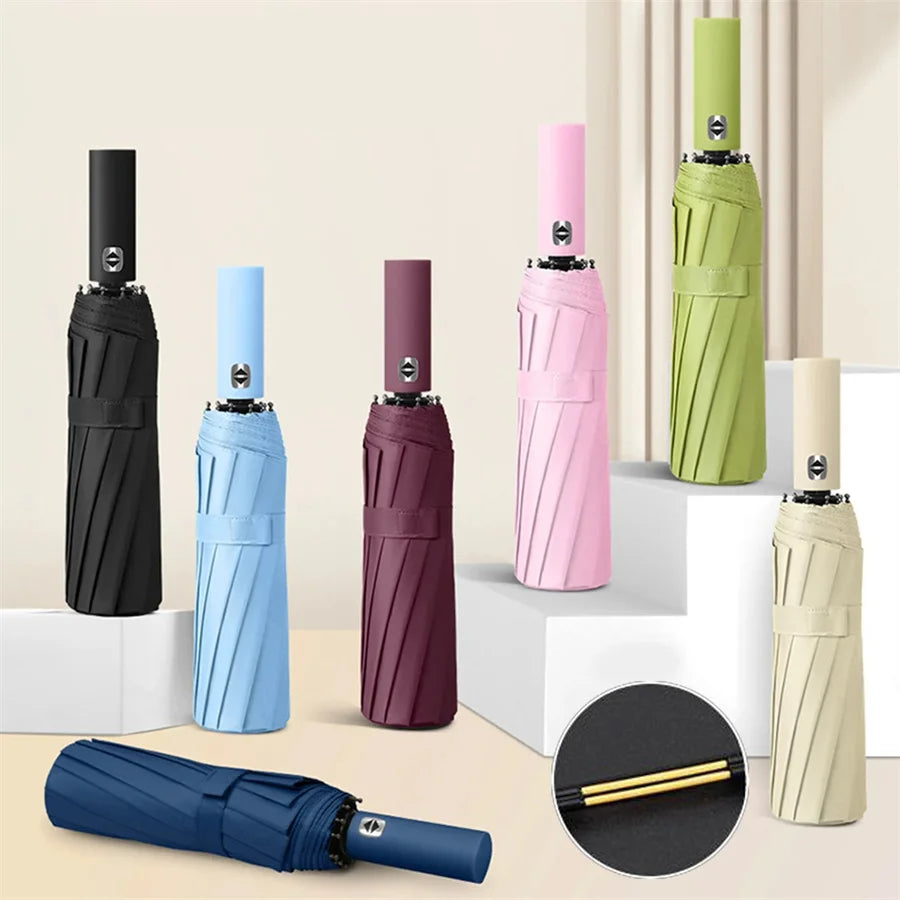 12 Bone Black Glue Fully Automatic Umbrella Canada Thick Durable Three-Fold Folding Umbrella UV Resistant