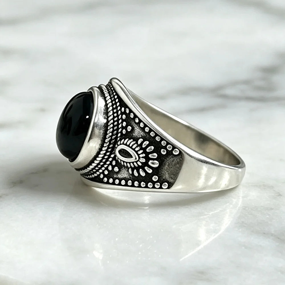 USA Sterling Silver 925 Vintage Rings Oval 8X10mm Rings Black Onyx Natural Fine Jewelry For Men Women Rhodochrosite Rings