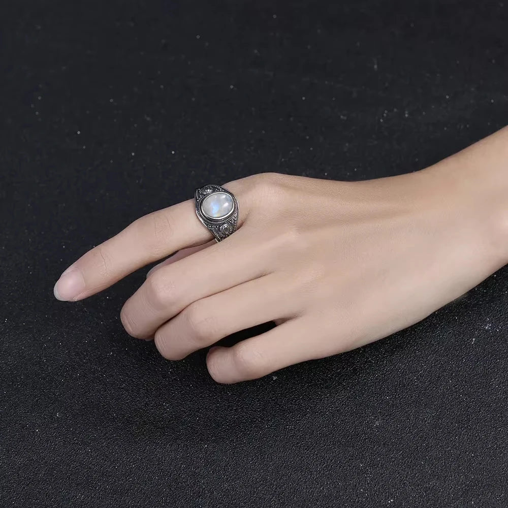 USA Sterling Silver 925 Vintage Rings Oval 8X10mm Rings Black Onyx Natural Fine Jewelry For Men Women Rhodochrosite Rings