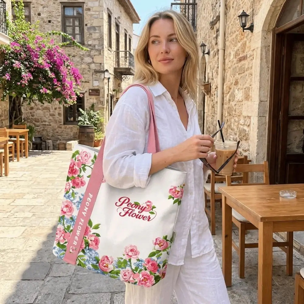 Portable Floral Canvas Tote Bag USA Reusable Lightweight Large-Capacity Shopping & Commute Handbag for Work