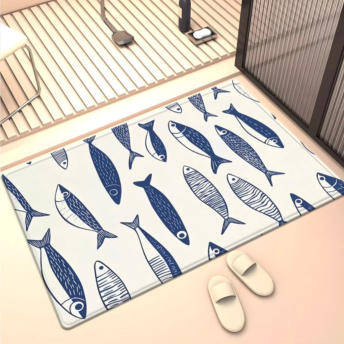 Doormat Featuring a Design of Five Blue Fish Anti-Slip for Bathrooms Machine Washable Polyester, And Ideal for Entrances in Bedr