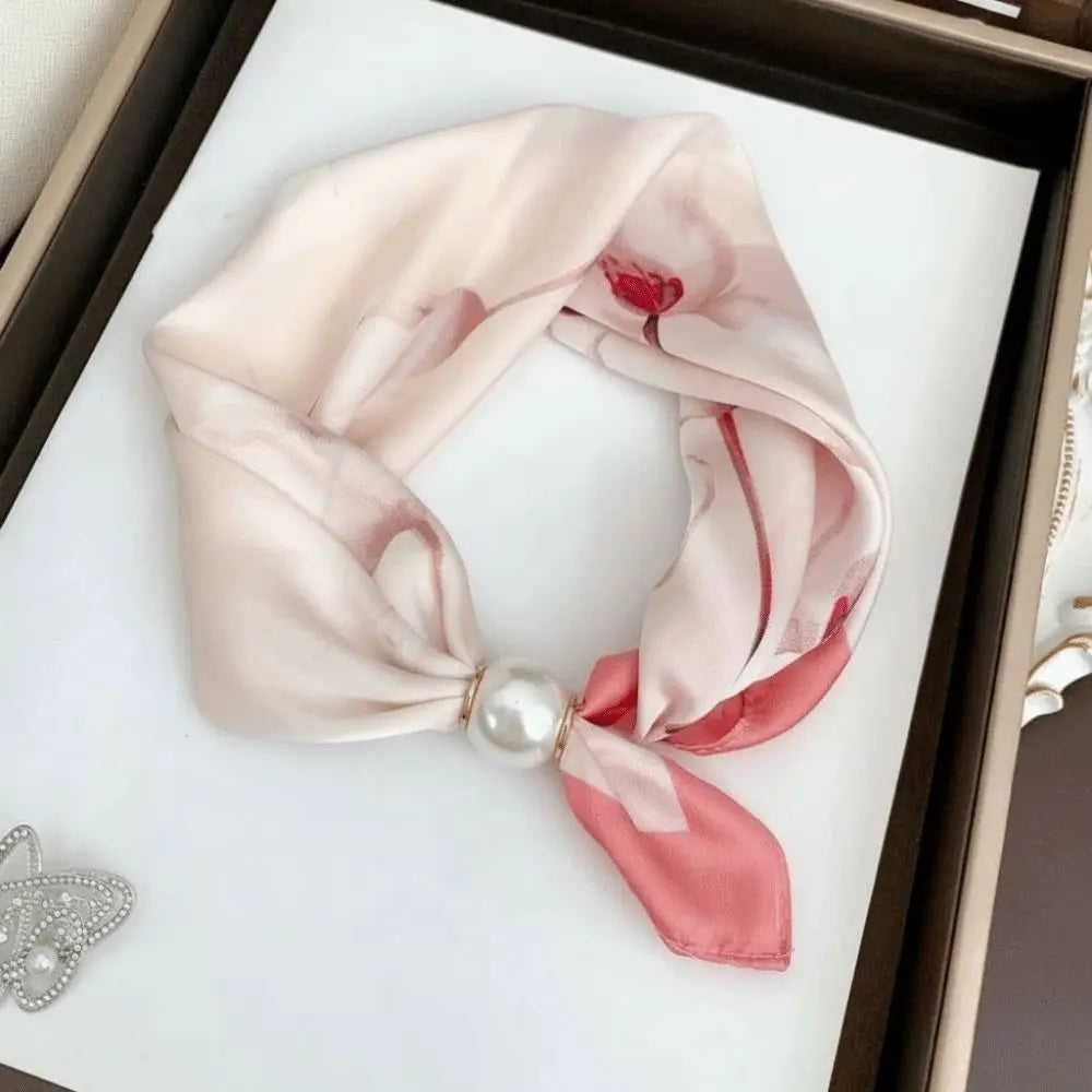 New Pearl Buckle Silk Scarf Canada Printed Thin Neck Scarf Lightweight Soft Neckerchief for Women