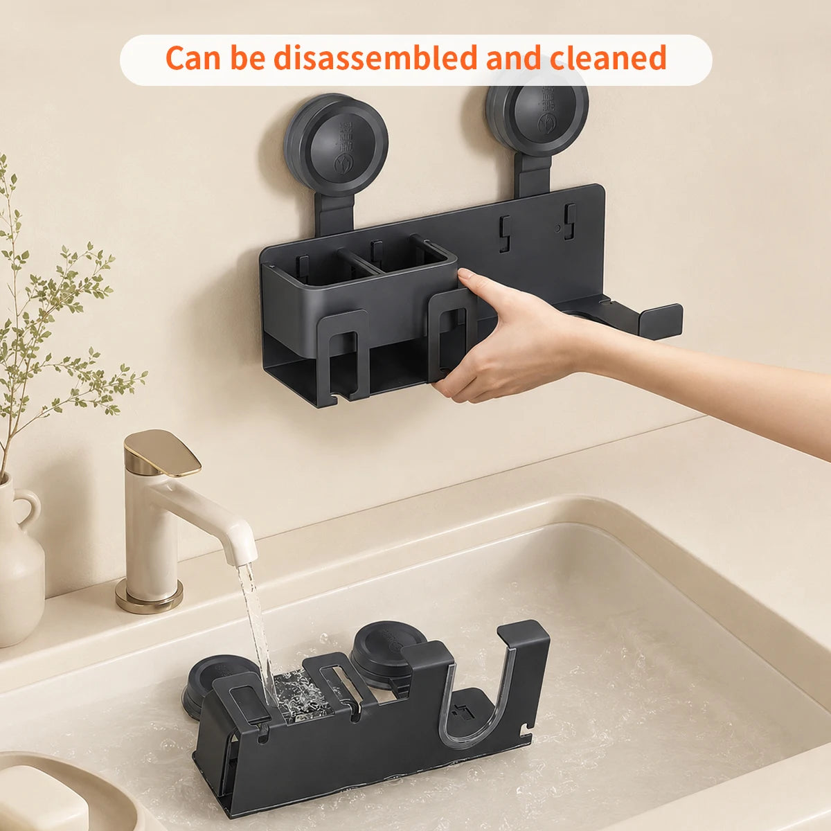 Wall-Mounted Suction Cup Hair Dryer Stand USA with Toothbrush Holder, No-Drill Bathroom Storage Rack & Organizer