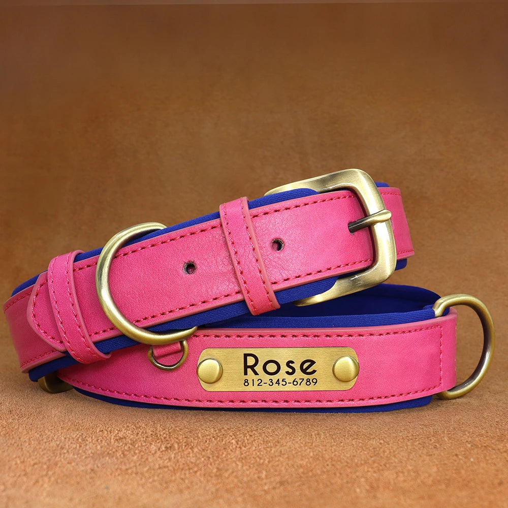Customized PU Leather Nameplate Dog Collar Soft Padded Dogs Collars Free Engraving Name for Small Medium Large Dogs Adjustable