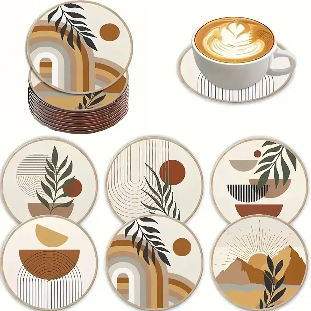 6PCS Neutral Tone Boho Wood Coasters USA Heat-Resistant Non-Slip Drink Mats for Table & Home Decor