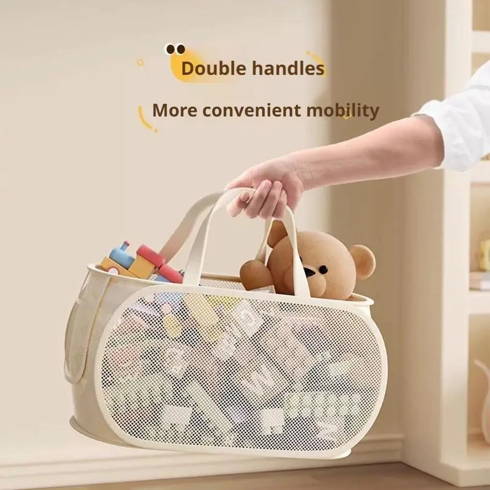 Durable Collapsible Storage Basket, Mesh Pop Up Laundry Hamper with Side Pocket,Large Toys Storage Basket Organizer Box for Kids
