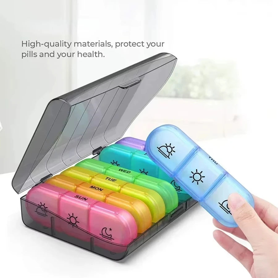 Weekly Pill Organizer USA Portable Travel Medicine Box, 21-Compartment 3-Times-a-Day Case for Vitamins, Supplements & Fish Oil
