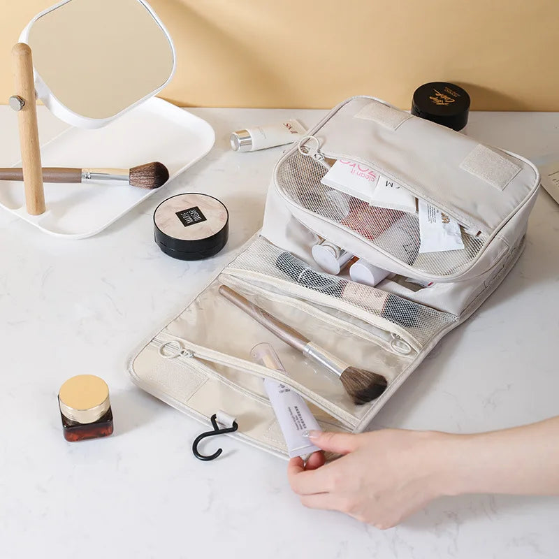Hanging Toiletry Bag USA for Business Trips, Portable Large-Capacity Skincare & Makeup Bag with Dry-Wet Separation Folding Storage Design