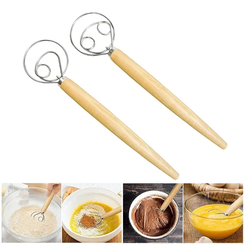 USA Cake Tools Danish Dough Whisk Stainless Steel Dutch Bread Dough Hand Mixer Wooden Handle Kitchen Baking Tools Artisian Blender