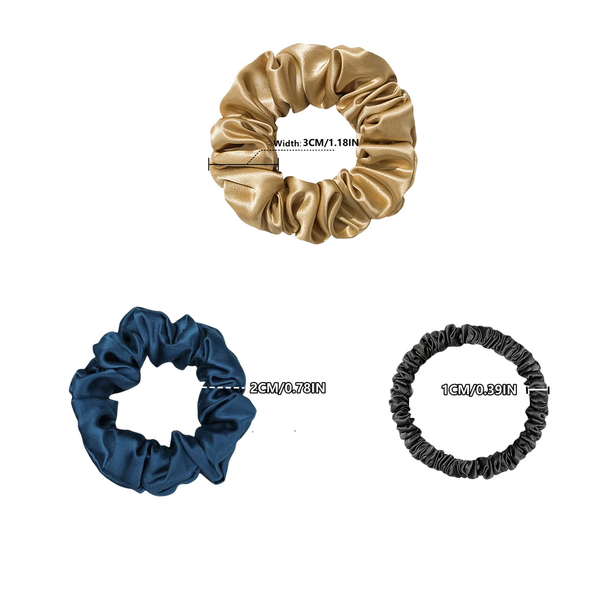 3PCS 100% Pure Silk Hair Scrunchies Set USA 22 Momme High-Quality Hair Bands in 1cm/2cm/3cm Widths