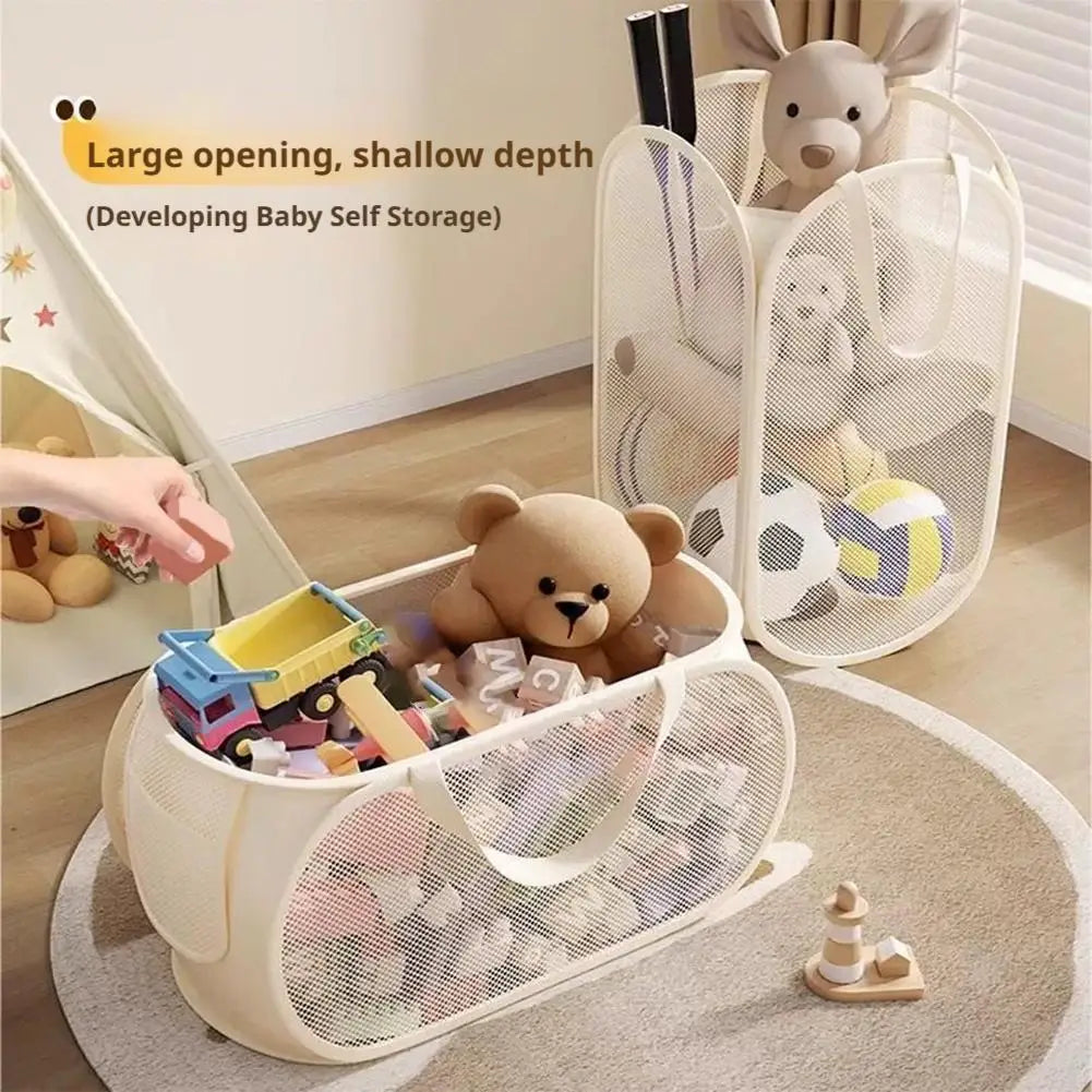 Durable Collapsible Storage Basket, Mesh Pop Up Laundry Hamper with Side Pocket,Large Toys Storage Basket Organizer Box for Kids