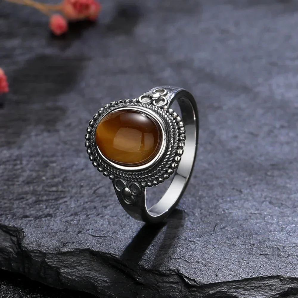 USA Sterling Silver 925 Vintage Rings Oval 8X10mm Rings Black Onyx Natural Fine Jewelry For Men Women Rhodochrosite Rings