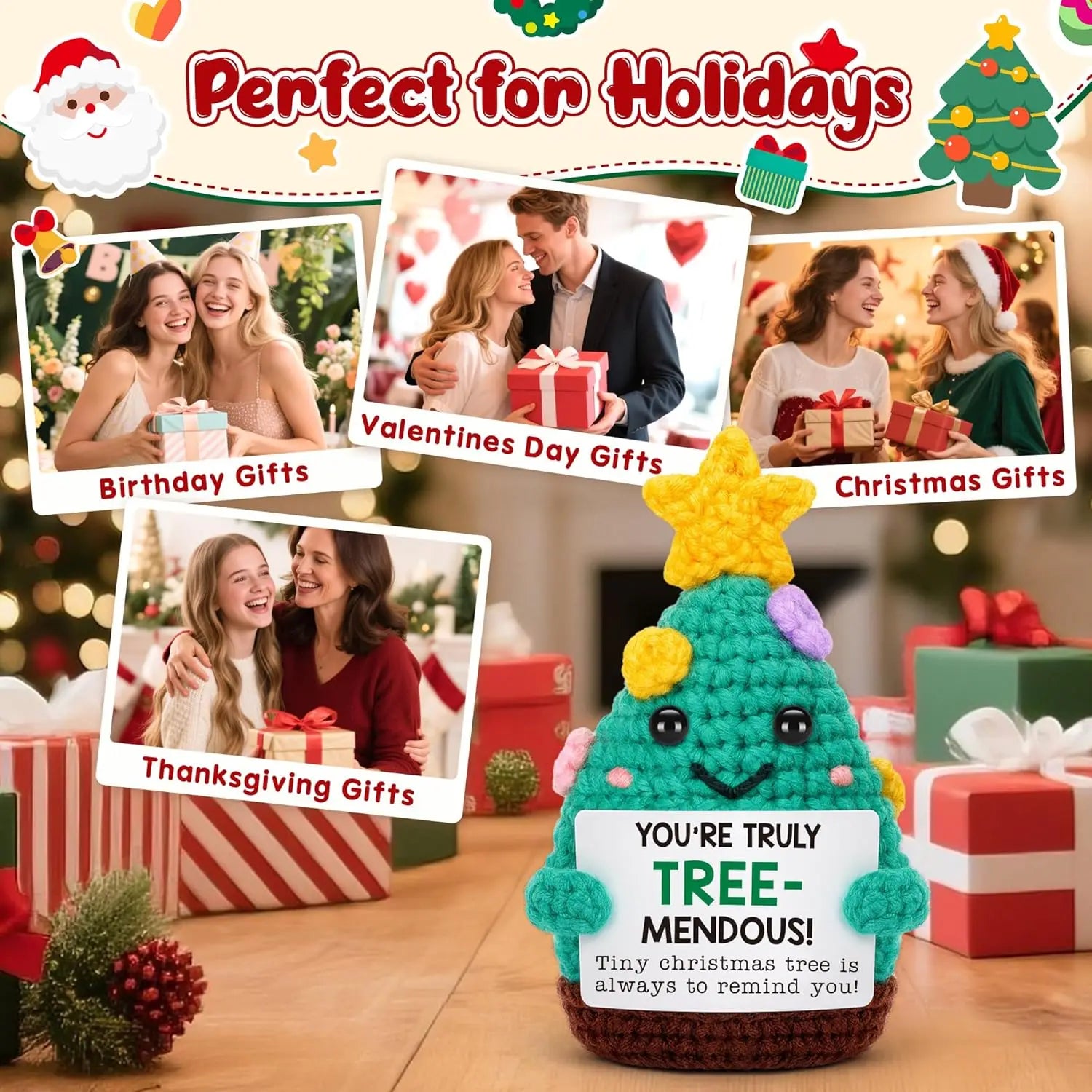 Mini Handmade USA Christmas Tree Crochet Decor Merry Inspirational Cheer Up Gifts for Sister Friends Mom Grandma Christmas Gifts