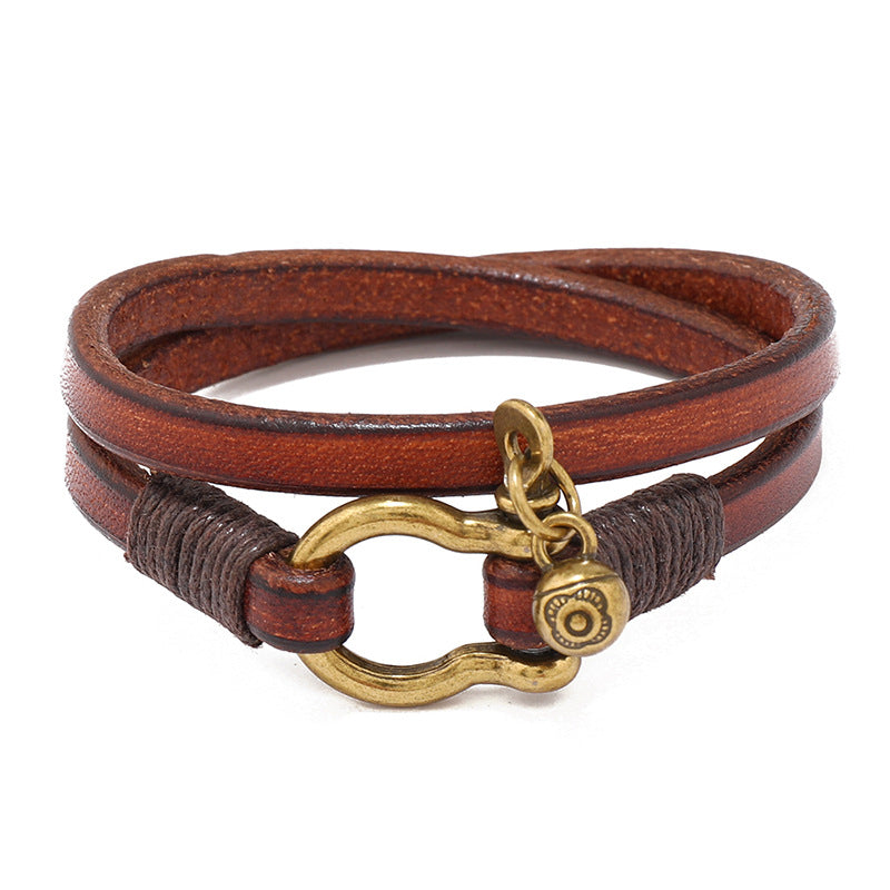 New Arrivals Retro Two-Loop Leather Bracelet USA Men Punk Horseshoe Buckle Wrap Bracelet Creative Jewelry Gift