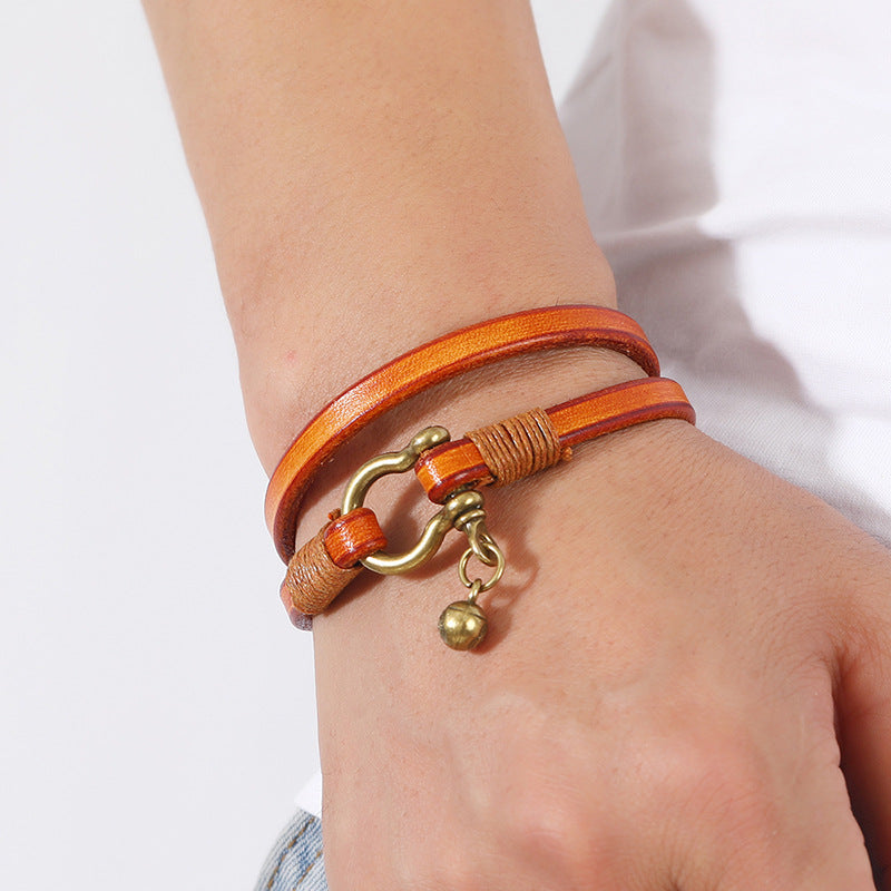 New Arrivals Retro Two-Loop Leather Bracelet USA Men Punk Horseshoe Buckle Wrap Bracelet Creative Jewelry Gift