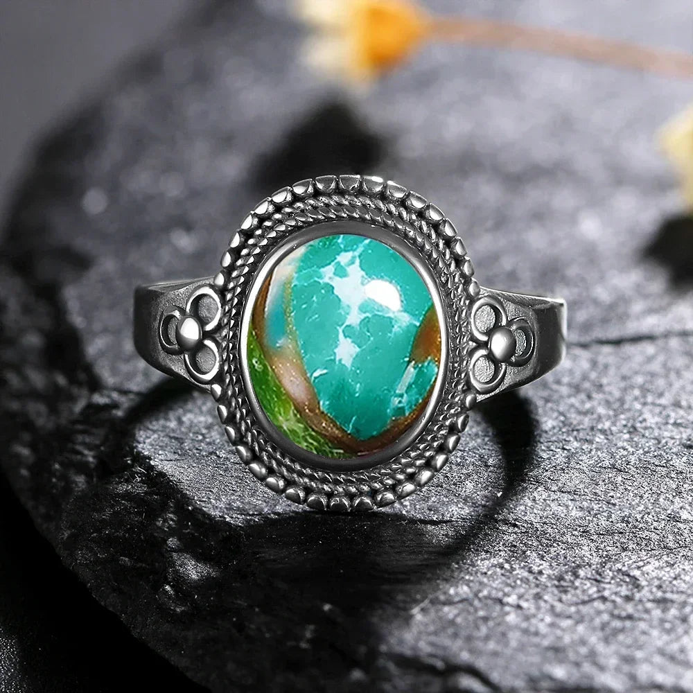 USA Sterling Silver 925 Vintage Rings Oval 8X10mm Rings Black Onyx Natural Fine Jewelry For Men Women Rhodochrosite Rings
