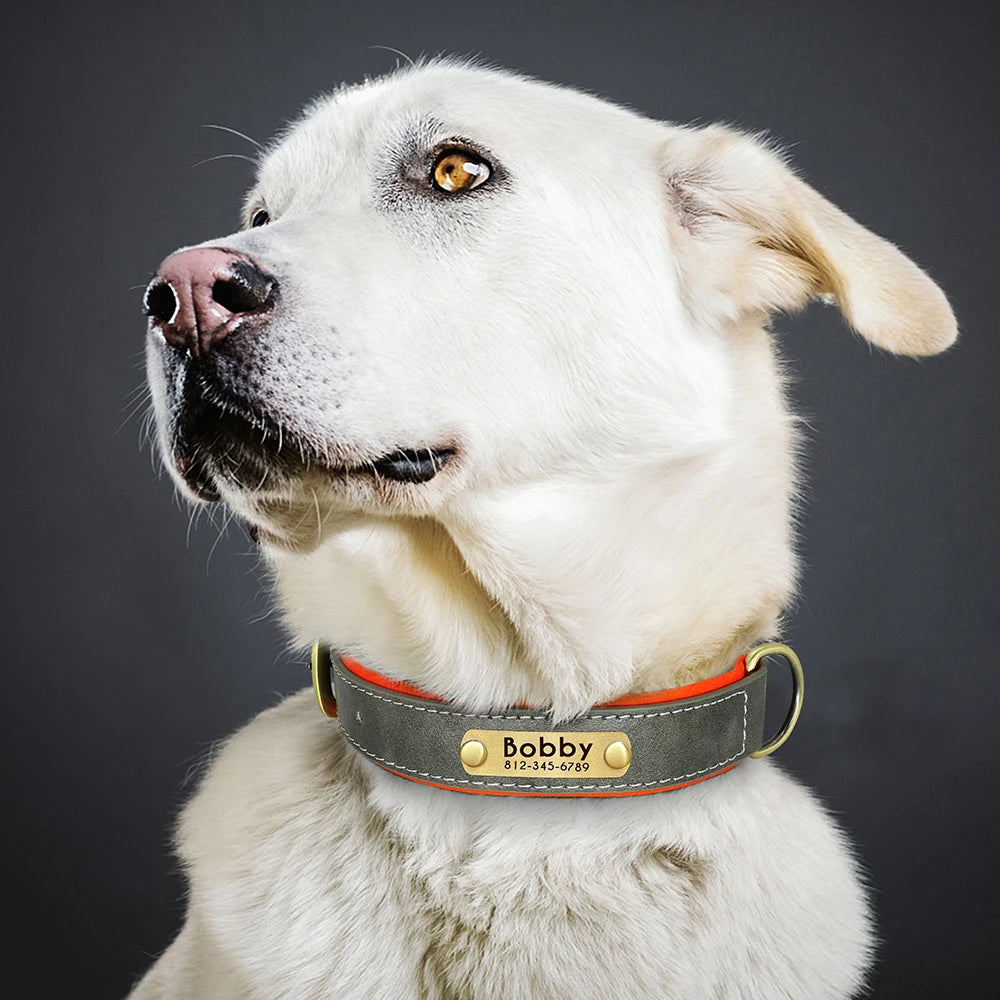 Customized PU Leather Nameplate Dog Collar Soft Padded Dogs Collars Free Engraving Name for Small Medium Large Dogs Adjustable