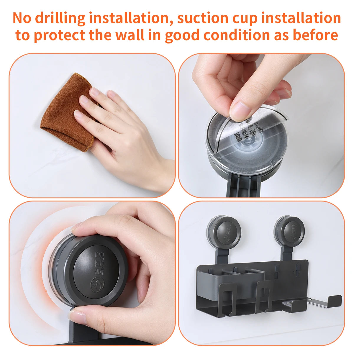 Wall-Mounted Suction Cup Hair Dryer Stand USA with Toothbrush Holder, No-Drill Bathroom Storage Rack & Organizer