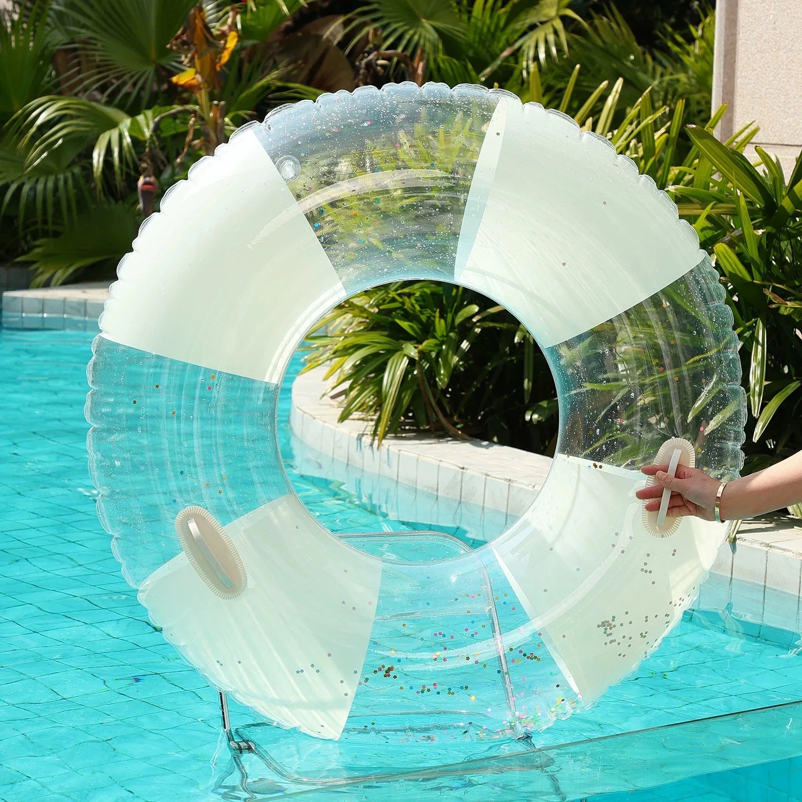 Minimalist Swim Ring Vacation Pool Float for Adults Inflatable Pool Lounger Sequin Floating Raft for Infinity Pool Photo Prop