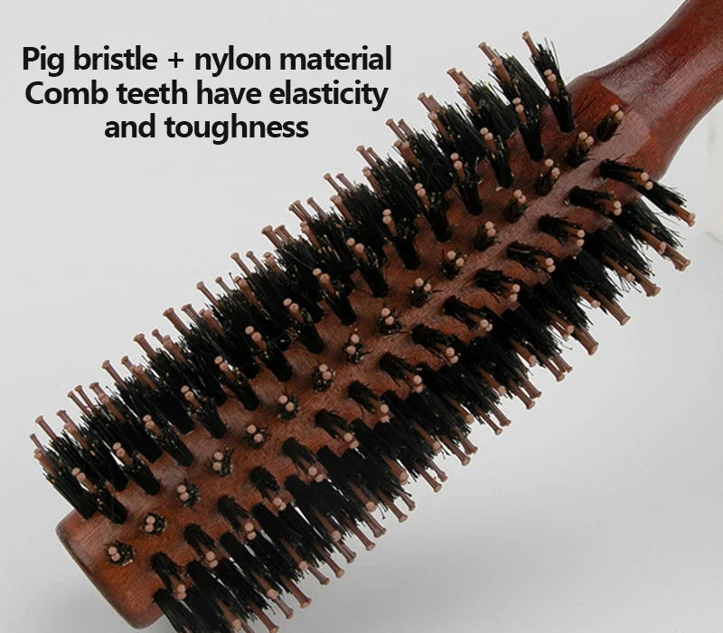 Boar Bristle Curly Hair Brush USA Women’s Wooden Anti-Static Roller Hairbrush for Barber, Salon Styling & Hairdressing Tools