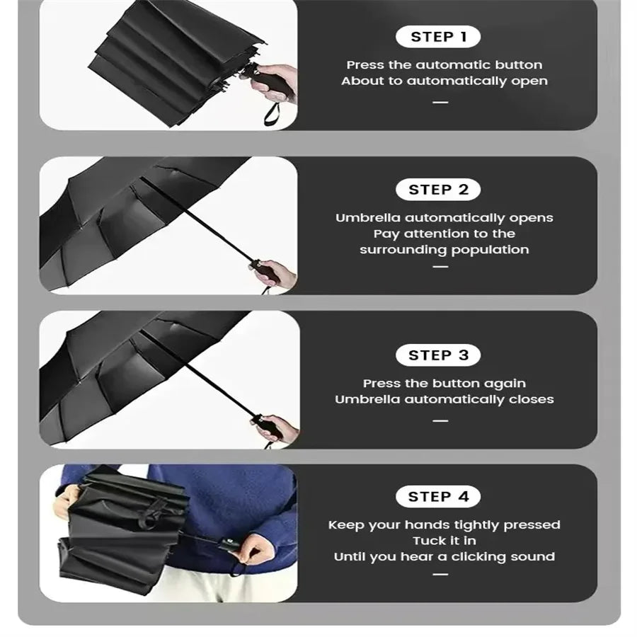 12 Bone Black Glue Fully Automatic Umbrella Canada Thick Durable Three-Fold Folding Umbrella UV Resistant