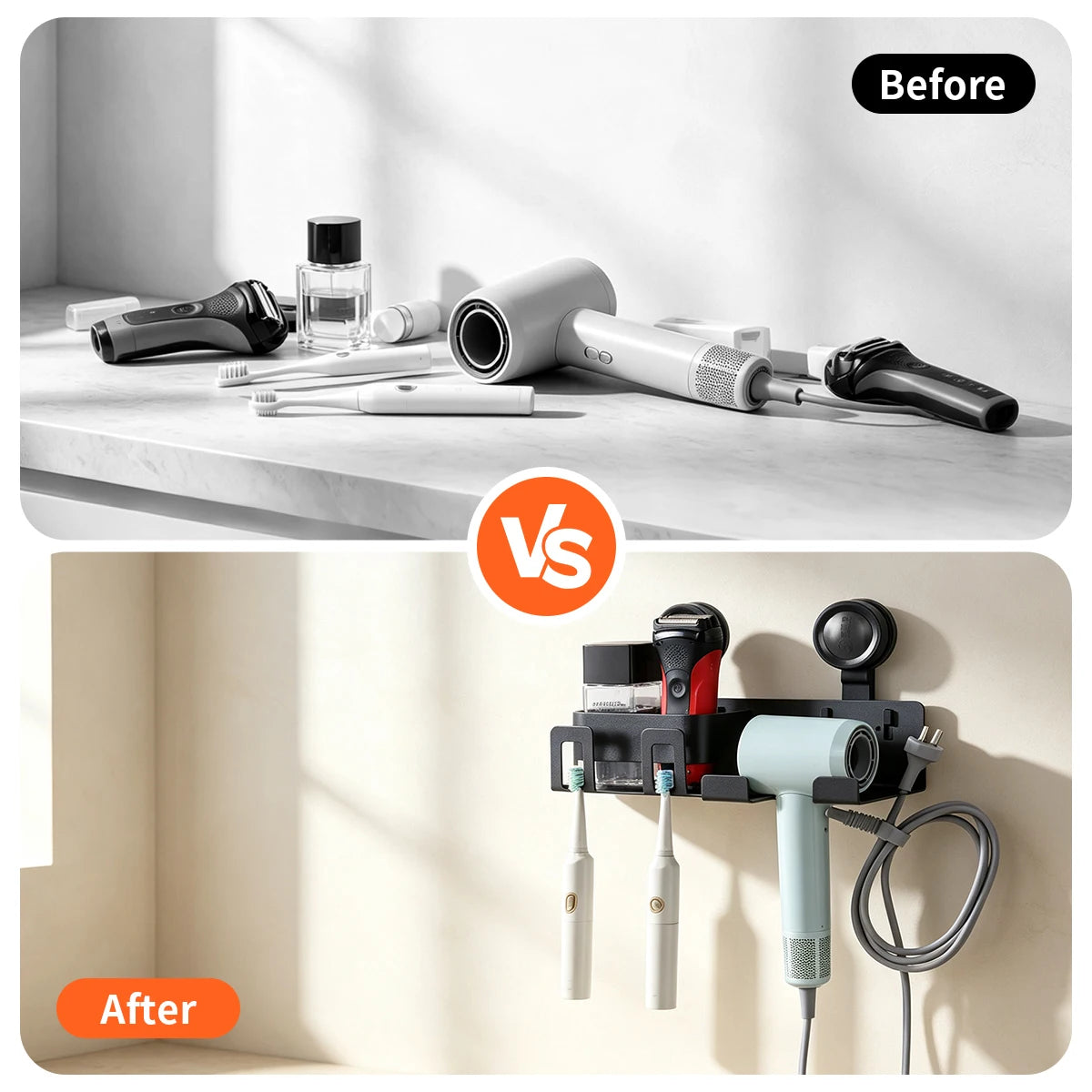 Wall-Mounted Suction Cup Hair Dryer Stand USA with Toothbrush Holder, No-Drill Bathroom Storage Rack & Organizer