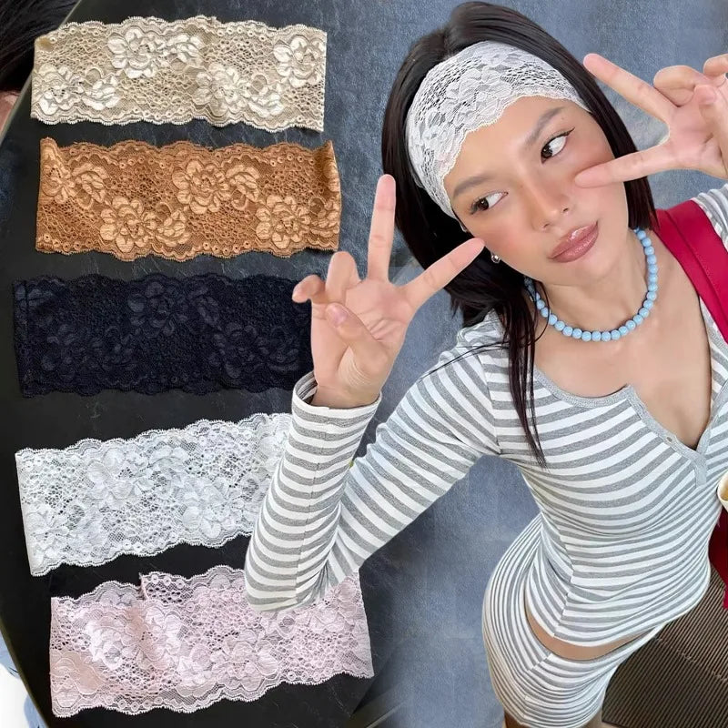 USA Sweet Wide Lace Hair Band Girls Hollow Lace Elastic Headwrap Hair Accessories Women Fashion Hollow Wide Headwear Hair Hoop