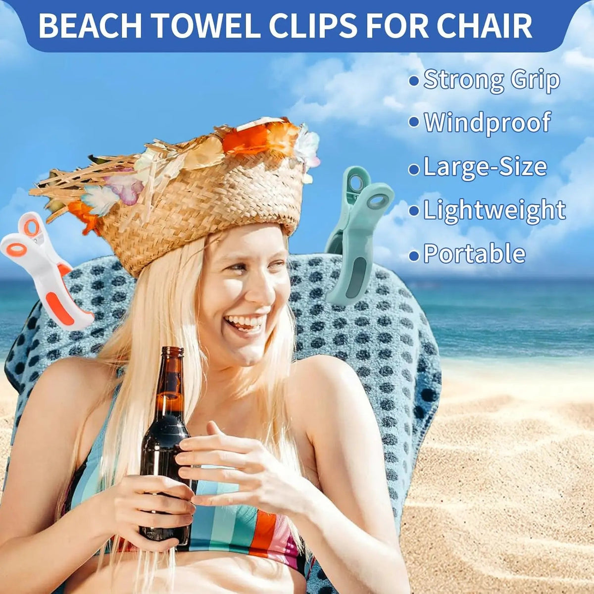 Beach Towel Clips USA for Beach Chairs & Cruises, Durable Plastic Clips for Pool Lounging & Large Clothespins for Hanging Clothes - Ammpoure
