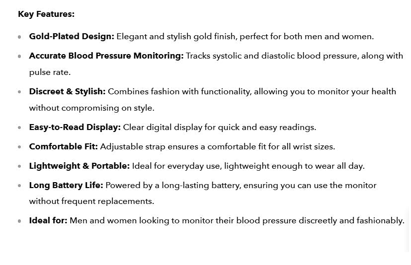 Blood pressure bracelet monitor Gold Plated for men women UK - Ammpoure