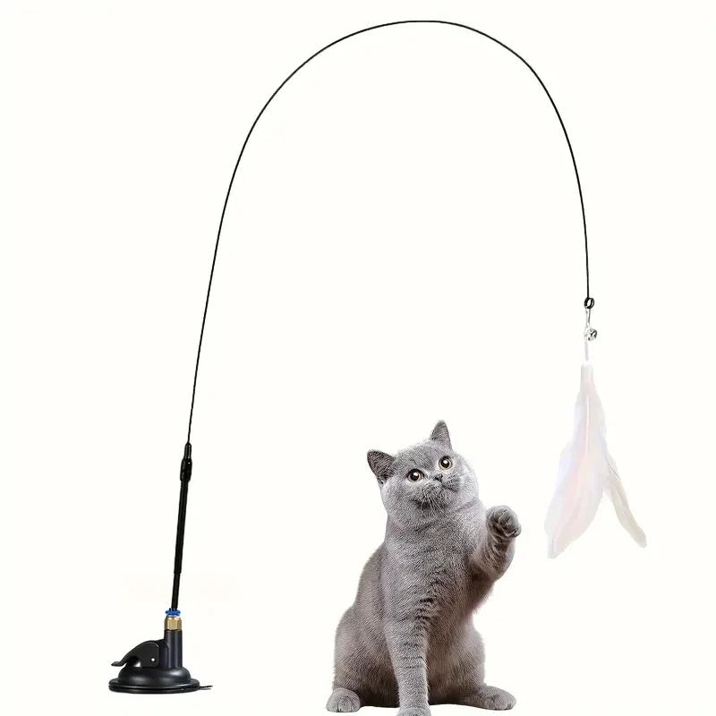 Cat Teaser Toy - USA Interactive Bell & Feather Wand - Long Suction Cup Pole for Exciting Playtime Adventures - Ultimate Cat Toy - Ammpoure