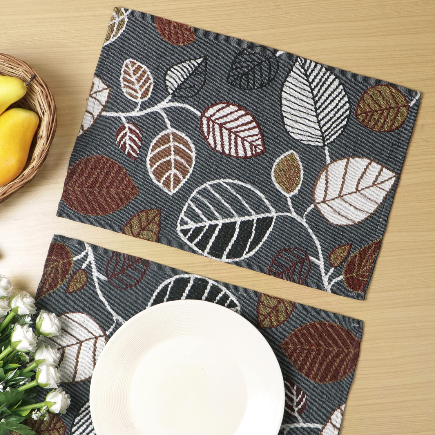 Cotton Jacquard Dinner Table Placemats Set of 4 (31 x 46 cm) Grey Leaves - Ammpoure