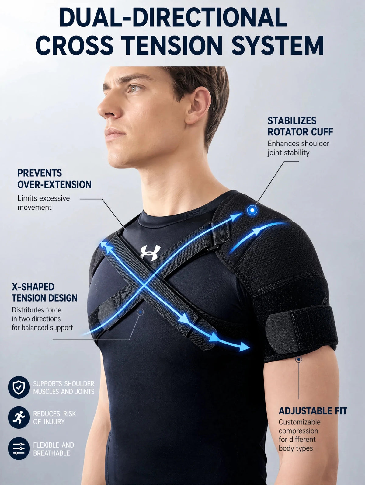 Double Shoulder Brace Adjustable Breathable Neoprene Compression Support Cross Strap for Men Women Sports Injury Pain Relief - Ammpoure