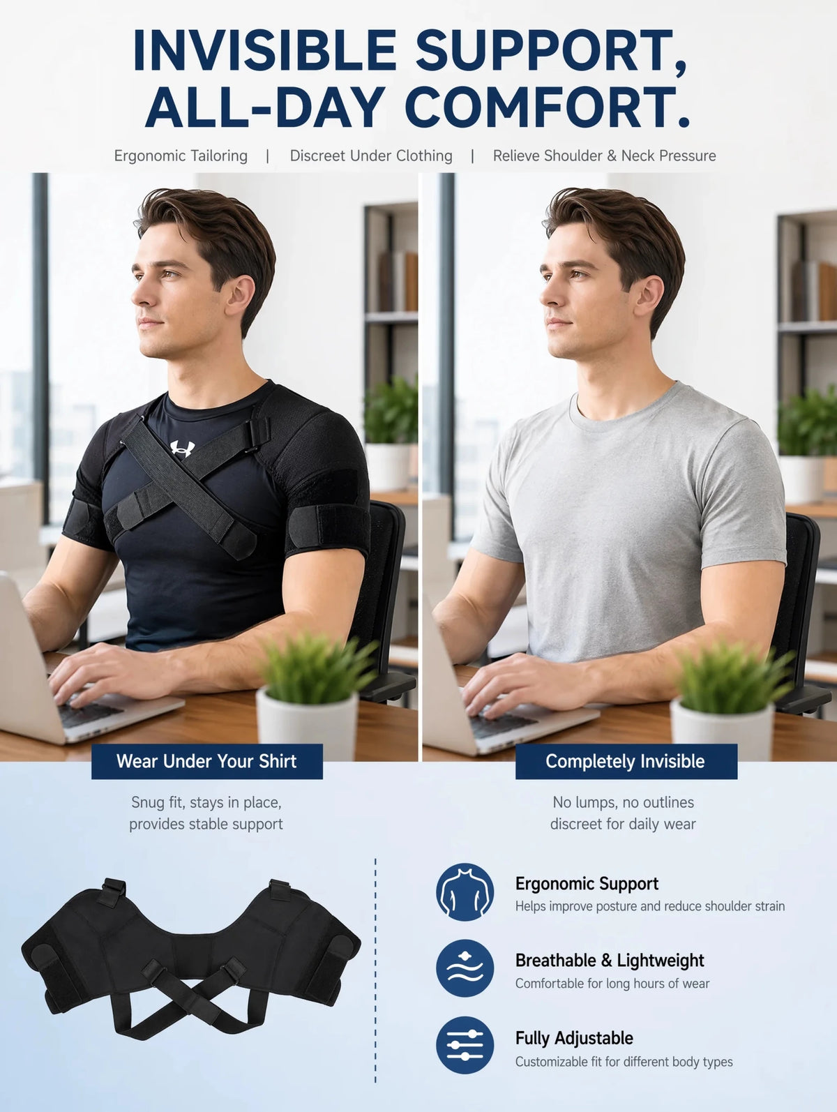 Double Shoulder Brace Adjustable Breathable Neoprene Compression Support Cross Strap for Men Women Sports Injury Pain Relief - Ammpoure