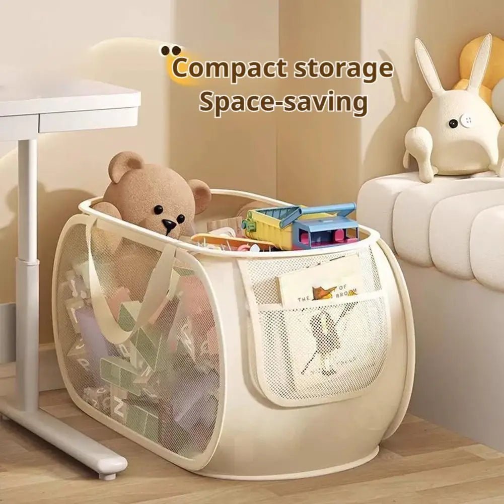 Durable Collapsible Storage Basket, Mesh Pop Up Laundry Hamper with Side Pocket,Large Toys Storage Basket Organizer Box for Kids - Ammpoure