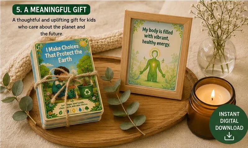 Eco Explorer Kids Earth Care Cards, Sustainable Daily Habit Routine Template, Montessori Classroom Nature Poster Deck, Green Future, PDF - Ammpoure