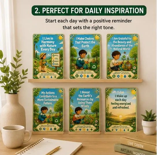 Eco Explorer Kids Earth Care Cards, Sustainable Daily Habit Routine Template, Montessori Classroom Nature Poster Deck, Green Future, PDF - Ammpoure