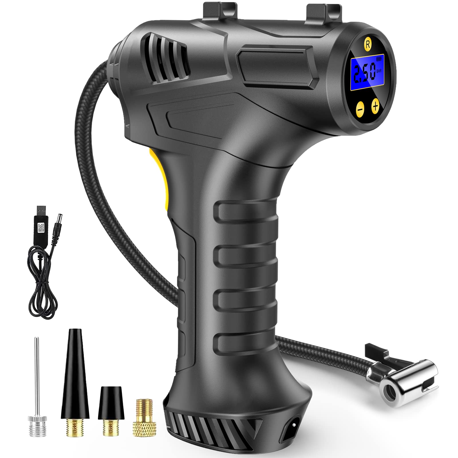 etship Cordless Tyre Inflator Air Compressor, 12V USB Rechargeable Battery 150PSI Portable, Electric Digital Tyre Pump with LED Light and 4 Nozzle Adaptors for Car Motorcycle Bicycle - Ammpoure Wellbeing