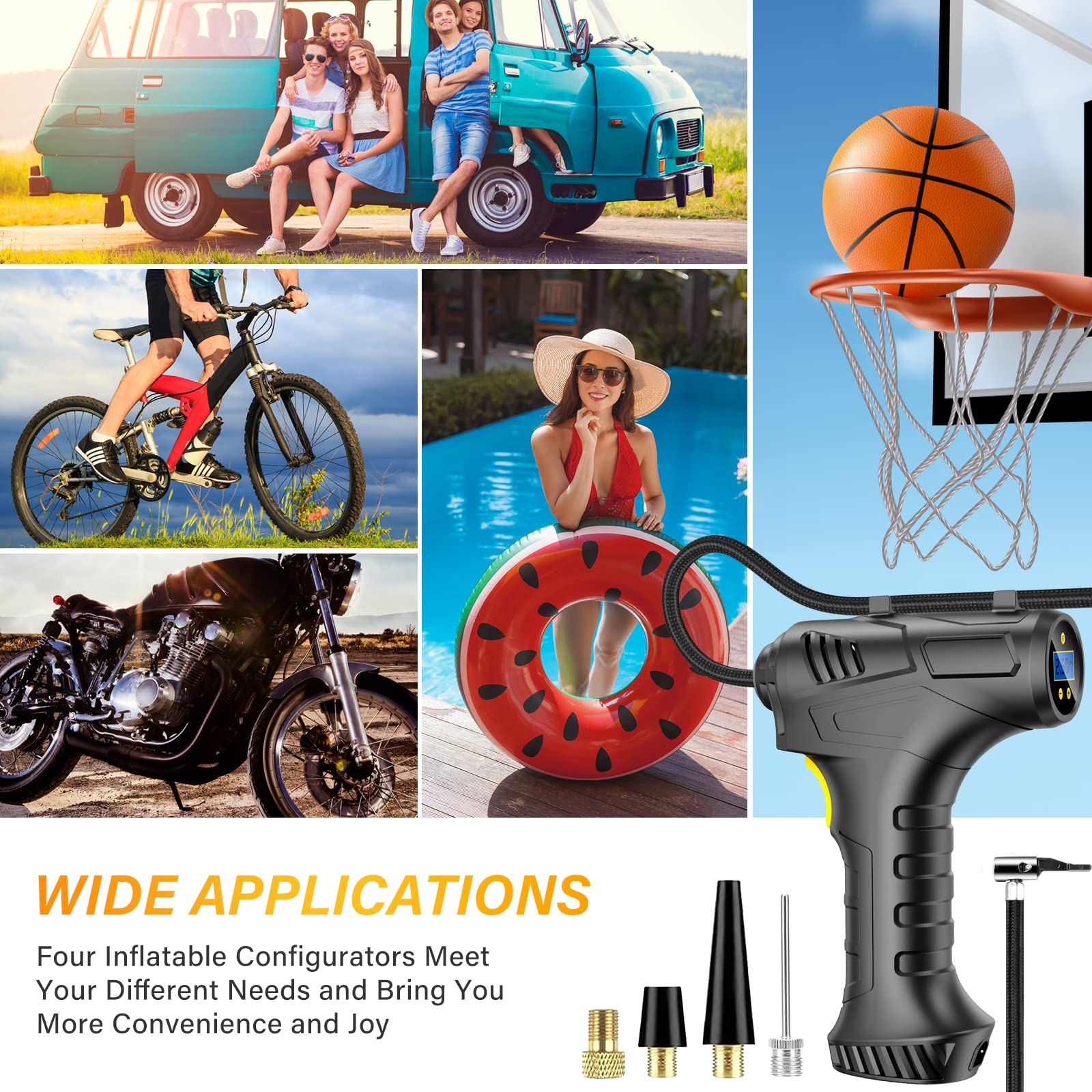 etship Cordless Tyre Inflator Air Compressor, 12V USB Rechargeable Battery 150PSI Portable, Electric Digital Tyre Pump with LED Light and 4 Nozzle Adaptors for Car Motorcycle Bicycle - Ammpoure Wellbeing