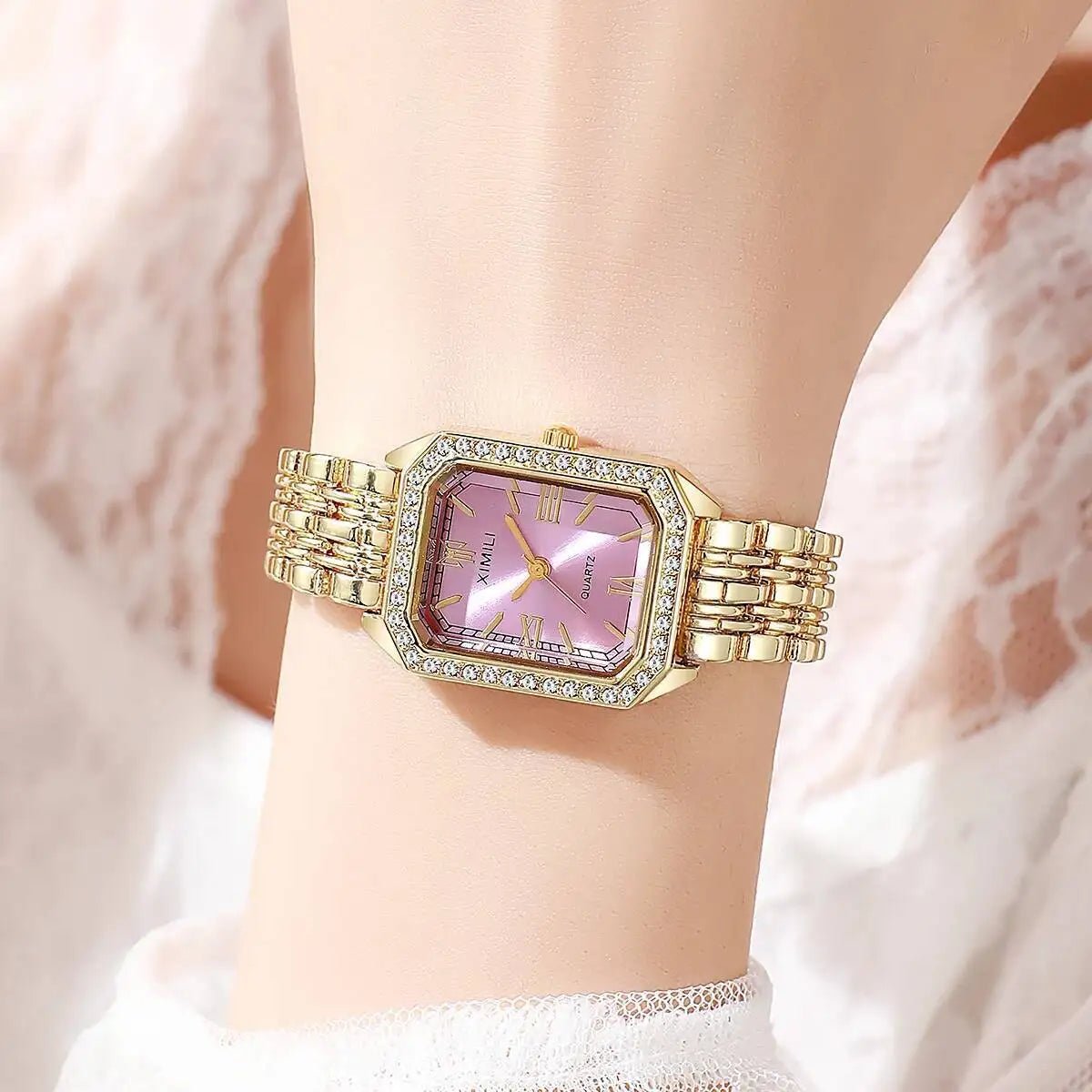 Fashion Rectangle Women Watches Ladies Rhinestone Quartz Watch Bracelet Strap Wristwatch Reloj Mujer(Without Box) - Ammpoure