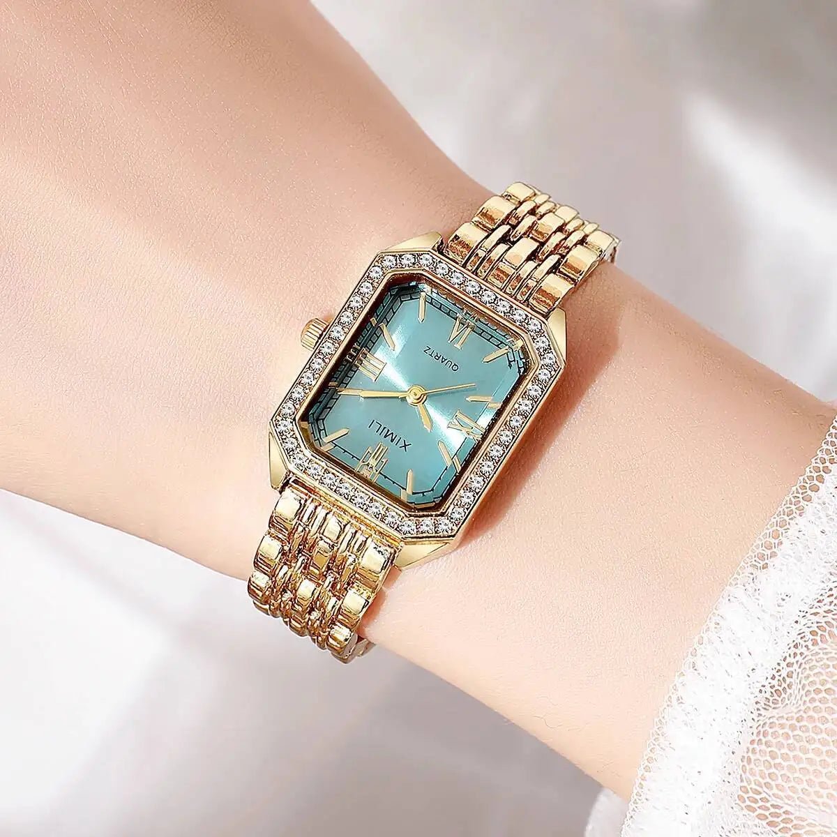 Fashion Rectangle Women Watches Ladies Rhinestone Quartz Watch Bracelet Strap Wristwatch Reloj Mujer(Without Box) - Ammpoure