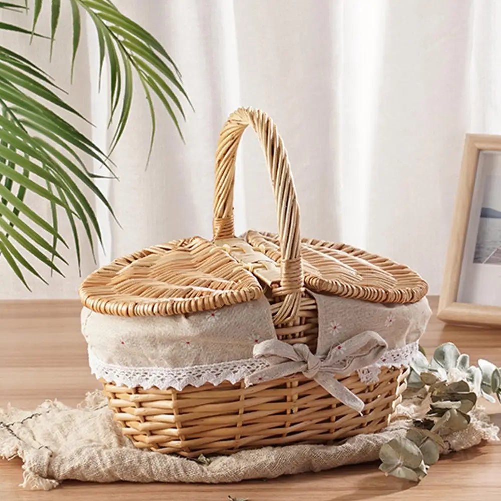 Handmade Wicker Picnic Basket With Handle Picnic Hamper Multi-Purpose Willow Woven Storage Box Outdoor Camping Fruit Basket - Ammpoure