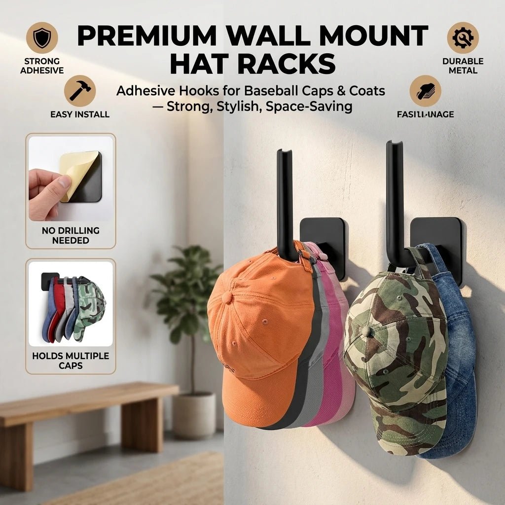 Hat Rack for Baseball Caps Adhesive Hat Hooks for Wall Cap Hanger Storage Cap Organizer No Drilling Hat Holder for Door Closet - Ammpoure